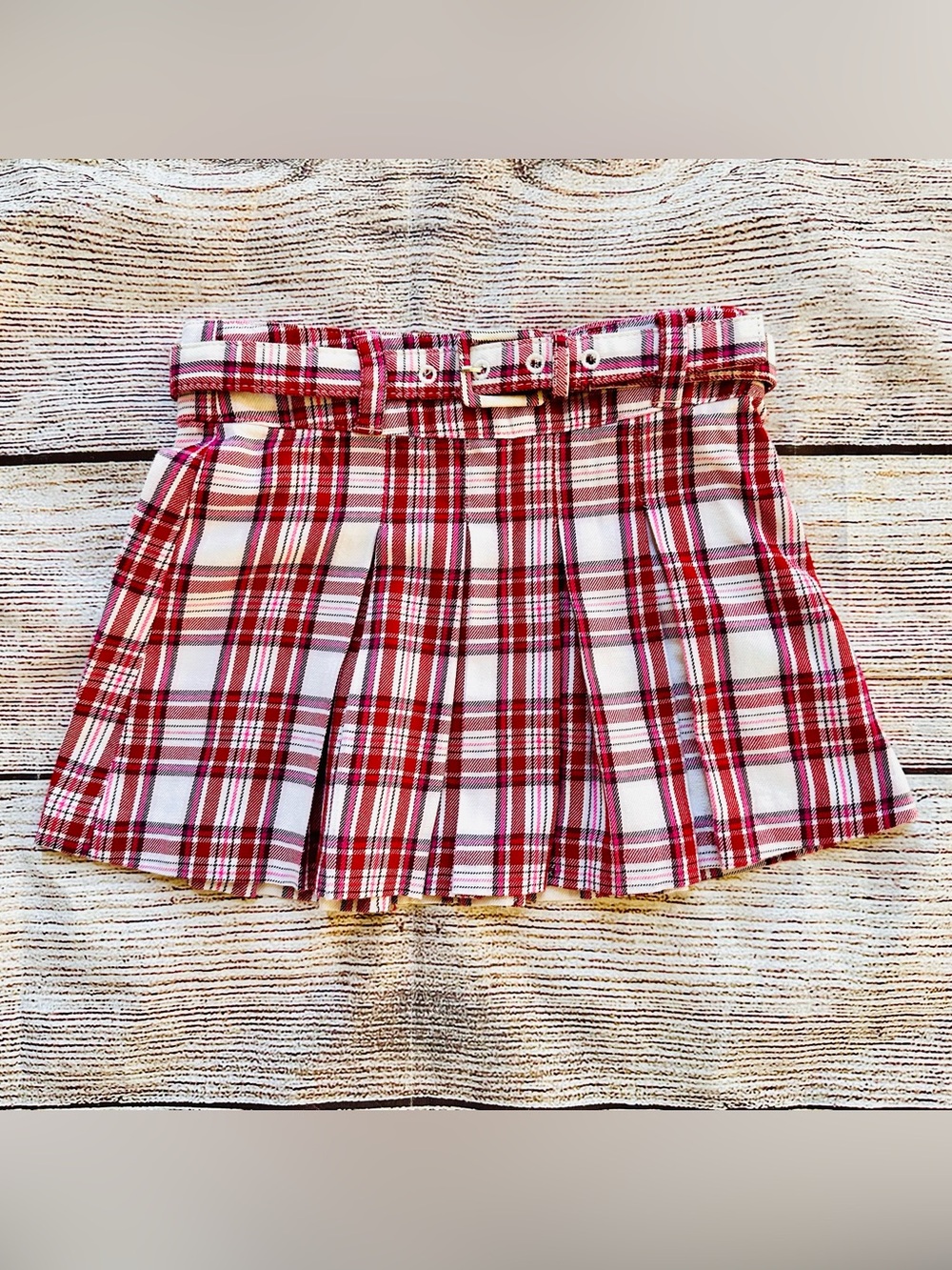 Tommy Hilfiger Red White Pink Plaid Pleated Skirt w. Belt Girl’s Sz 3 3T